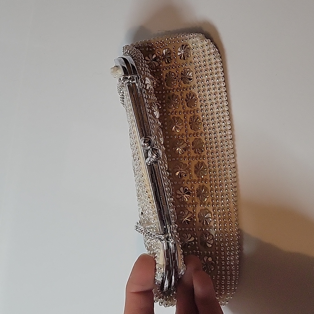 Vintage Cream Clutch with Silver Beads and Wristlet - Picture 6 of 10